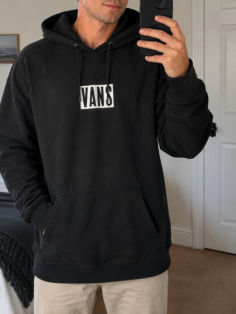 Vans Black Pullover Hoodie with White Box Logo Oversized Size L